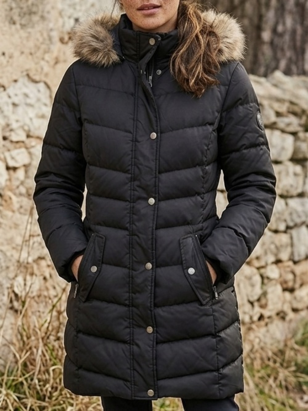Utex Black Down Puffer Coat Faux Fur Hood Trim Winter Parka Medium